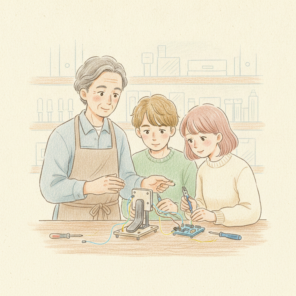 A master engineer patiently guiding two apprentices at a workbench