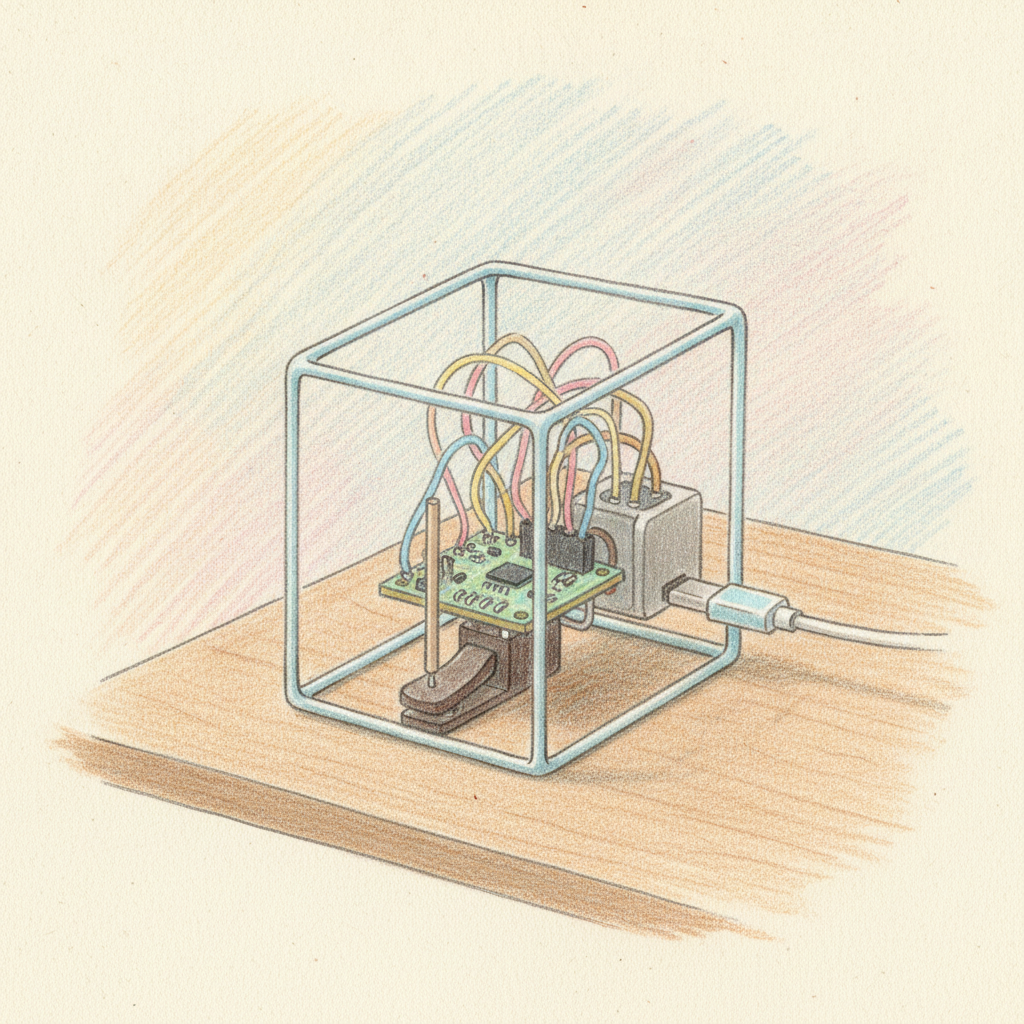 A see-through “ske-ske” miniature Pro — skeleton frame, visible board, wires, motor and a tiny pedal