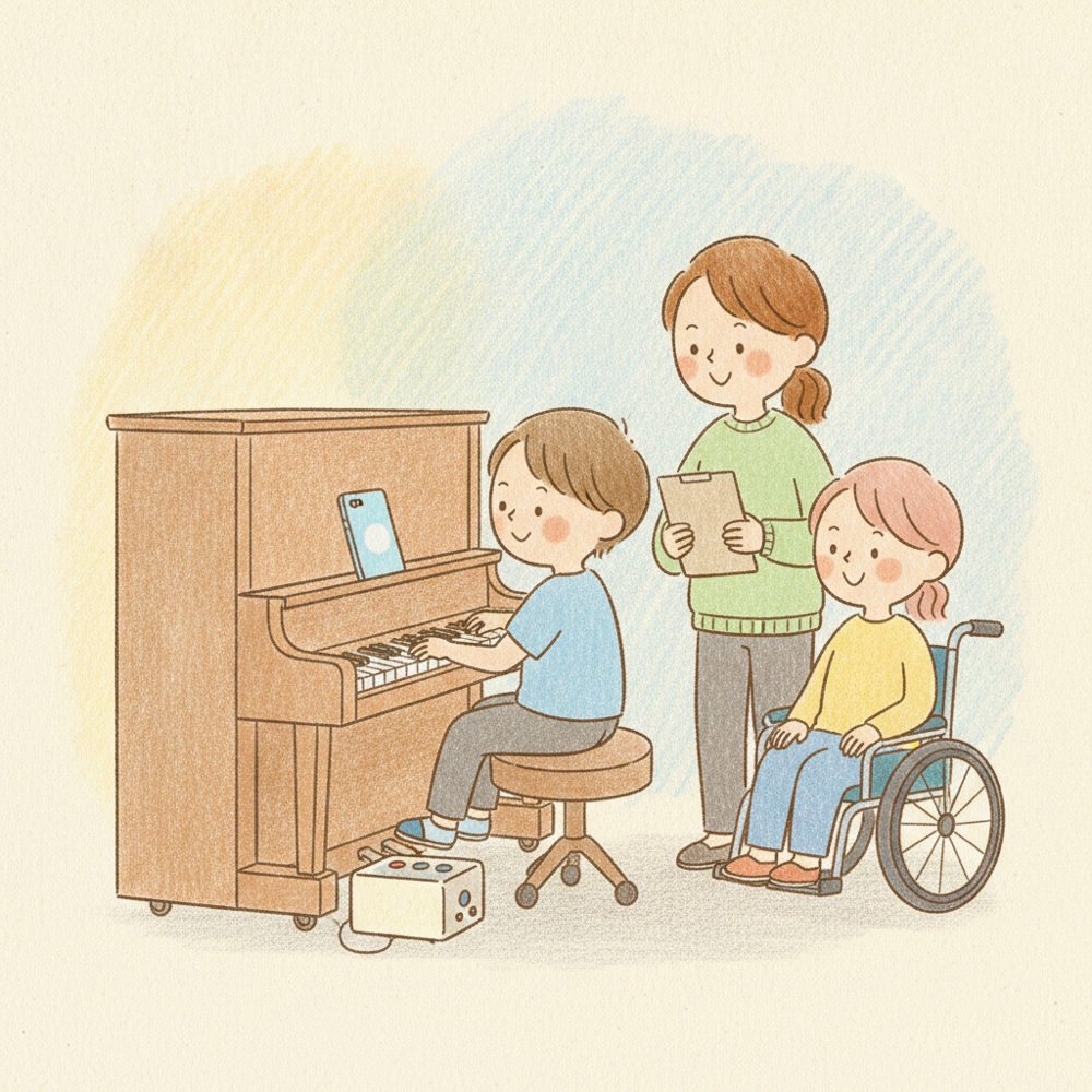 Children and a player in a wheelchair taking the friendly APEE piano test, with a smartphone on the music stand and the pedal device on the floor