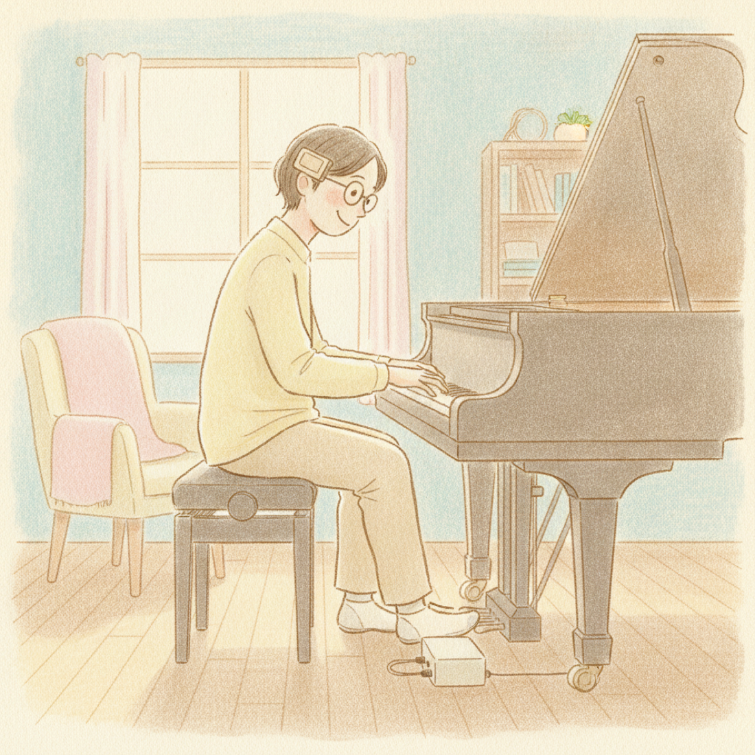 A 2018 pianist wearing glasses with a small head-angle sensor on the frame, a device by the pedals