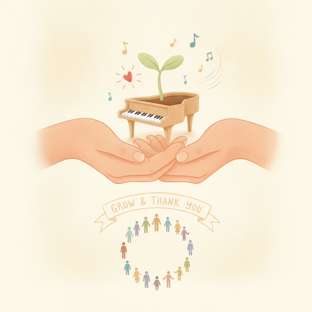 Hands holding a piano with a growing sprout, surrounded by a community