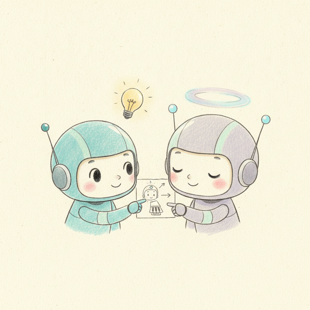 The two AI teammates, Ponte and Harmonia, comparing notes and building an idea together