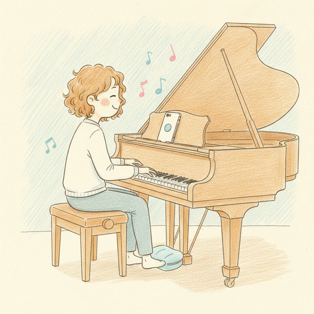 A pianist plays a grand piano foot-free: a phone on the music stand reads their head tilt while a small device and air cushion press the sustain pedal