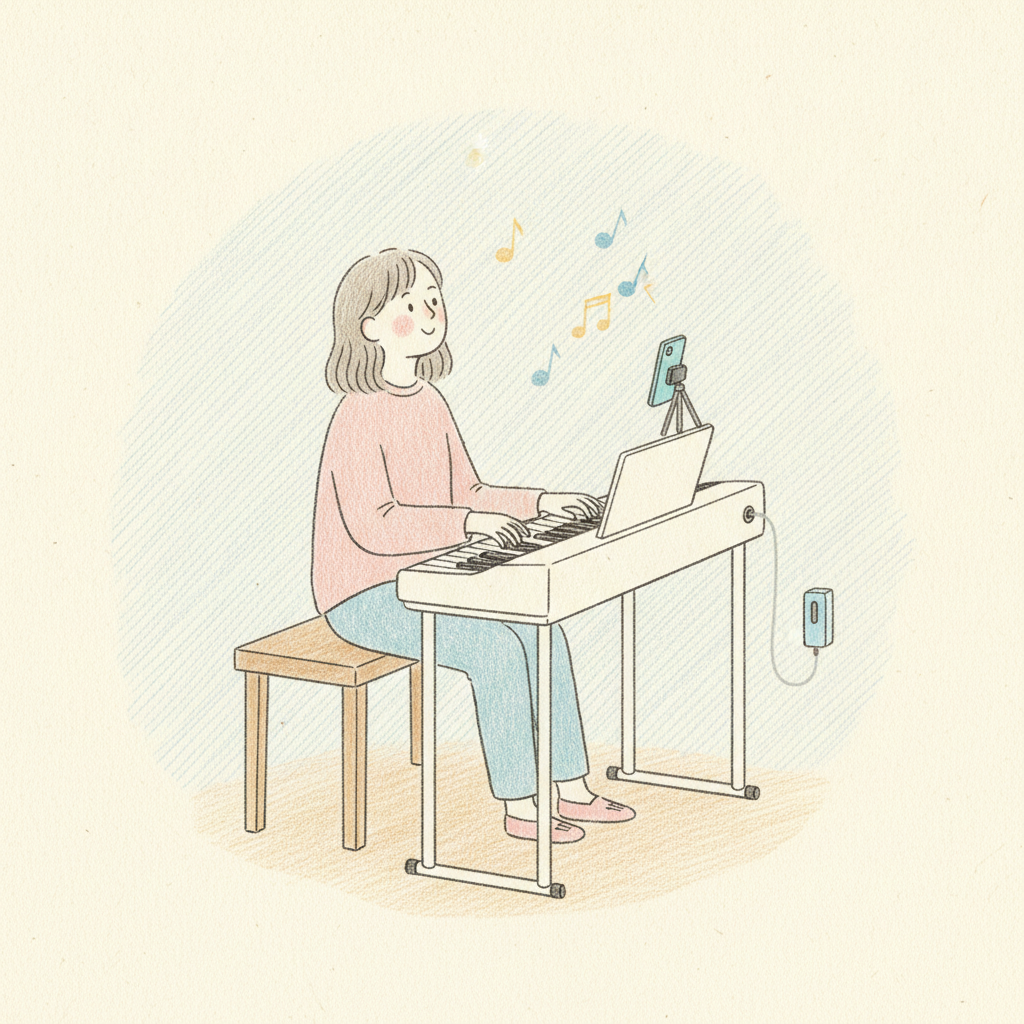 A player at a digital keyboard plays foot-free: a phone on a stand reads their head tilt while a tiny box on the keyboard’s pedal jack switches the sustain